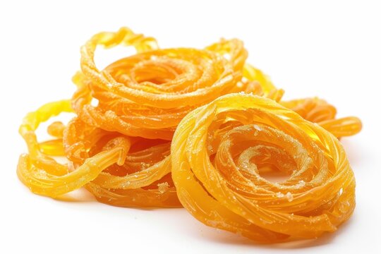 Traditional Indian festival sweet Jalebi isolated on white background served with Fafda and Sambhara Also known as Jilapi zulbia mushabak and zal