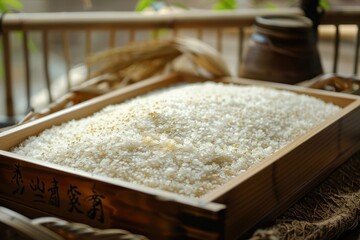 Tray of rice used in making Japanese sake