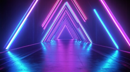 Fototapeta premium Abstract neon lines glowing triangle hallway corridor futuristic gaming background theme wallpaper AI generated image