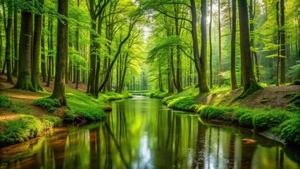 Obraz premium A lush green forest with tall trees and a meandering stream running through it, forest, greenery, natural world