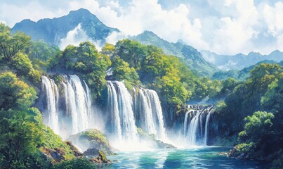 Fototapeta premium Watercolor Shifen Taiwan Waterfalls National Park Beautiful waterfalls, abundant, many foreigners come to visit