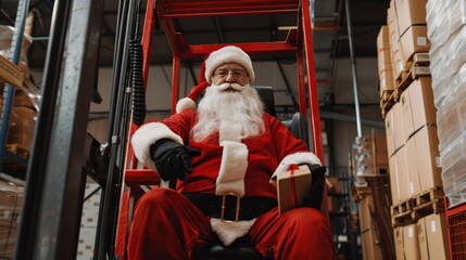 Santa in a warehouse representing holiday logistics and the spirit of shopping and shipping