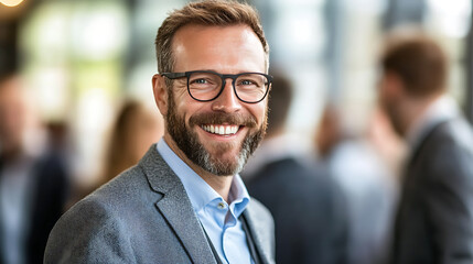 Fototapeta premium Smiling man in suit at tech conference, engaging with others and networking in vibrant atmosphere. His confident demeanor reflects excitement of event