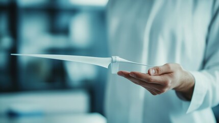 Person holding a wind turbine blade model, presenting wind energy design improvements, clear background, focus on design and innovation, perfect for stock,