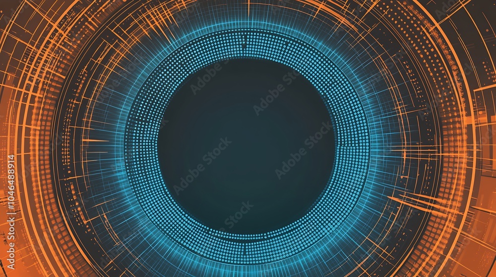 Poster Abstract circular pattern in orange and blue with a dark center.