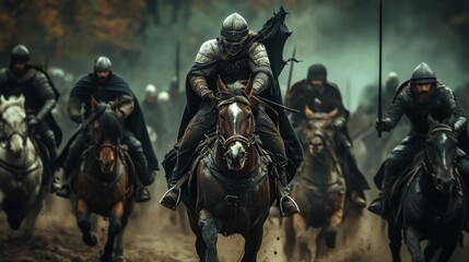 Naklejka premium An army of medieval soldiers on gallant horsemen is action ready to attack background wallpaper AI generated image