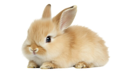 Obraz premium Cute fluffy rabbit resting on a soft surface in a well-lit indoor setting during daytime.