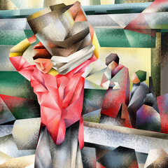 A porter works at a train station. Cubist style digital painting wall art