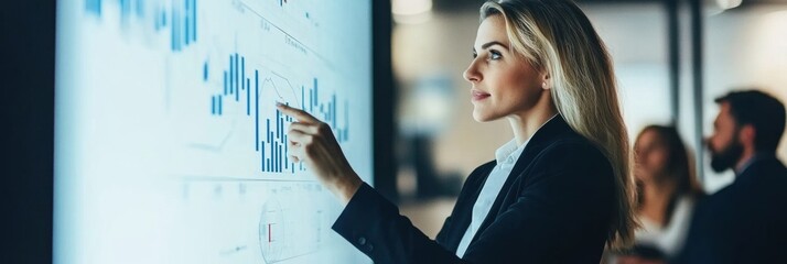 Planning economic growth strategies, businesswoman with charts on a whiteboard, team discussing in the background, sleek office
