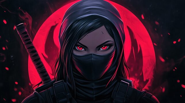 Illustration gaming mascot mysterious female ninja head logo design E-Sport background wallpaper AI generated image