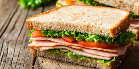 Deliciously layered sandwich bursting with flavor, each bite packed with wholesome ingredients for a satisfying meal.