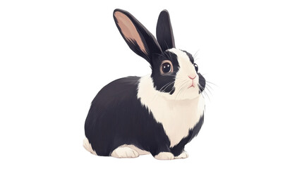 Obraz premium Friendly black and white rabbit sitting calmly in a serene setting, showcasing its vibrant personality during daylight.