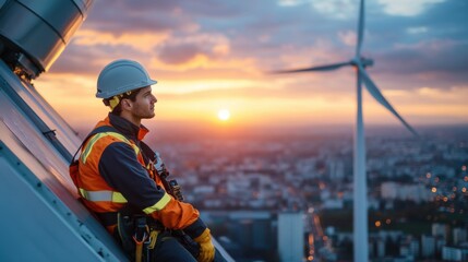 Portrait of a technician working on a rooftop wind turbine, modern urban background, wearing safety gear, innovative energy solutions for buildings, stock-focused,