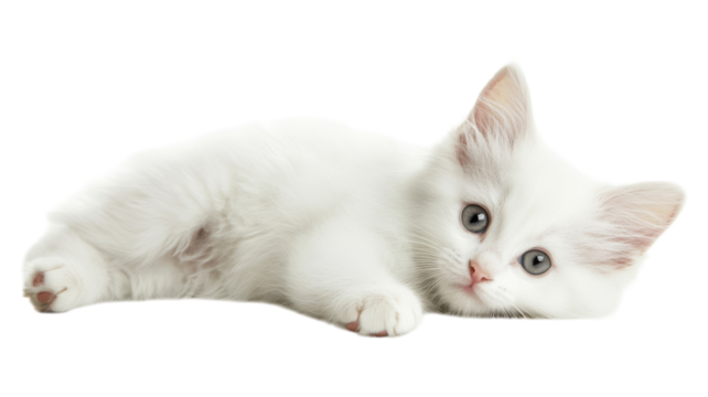 A playful white kitten lying down with bright gray eyes, showcasing its curious nature in a soft, cozy setting.