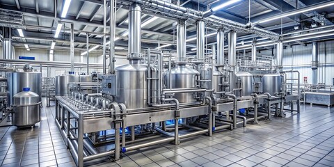 Stainless steel tanks and pipes in an industrial setting, showcasing the intricate network of a production facility