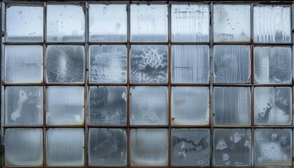 Winter industrial building with old frosted small checkered window