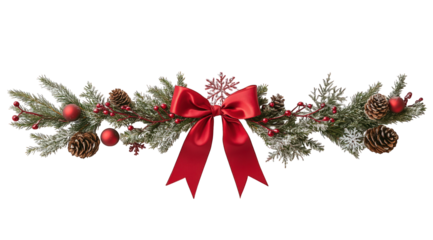 Realistic red bow for decorating gifts, fir branches, berries and leaves. Packing presents for new year and Christmas. Promotion and Discount objects on transparent background