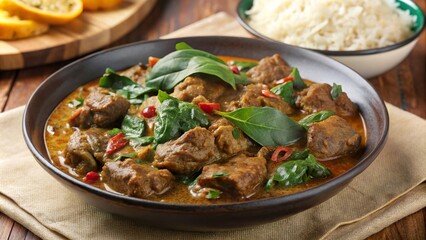 Delicious lamb saag served in a bowl with fresh herbs on a rustic wooden table alongside rice and lemon slices