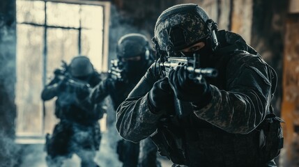 Fototapeta premium Soldier with costumes and weapons are fighting in the field action dramatic war background wallpaper AI generated image