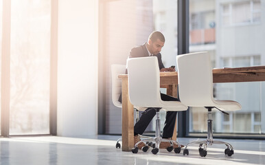 Businessman, phone and boardroom for online networking, check email and financial advisor to consult. Male person, professional investor and app for communication with client, typing and office