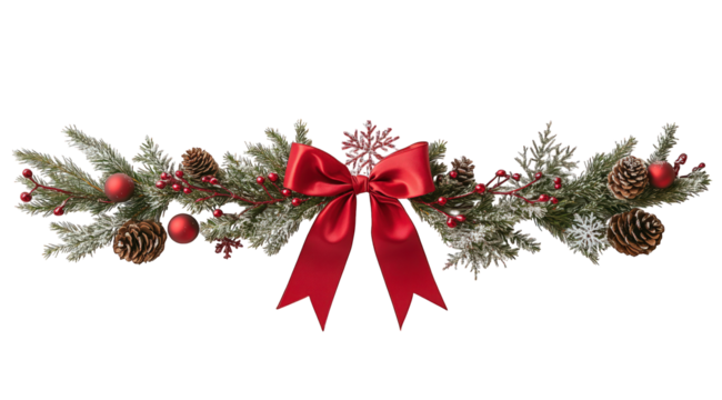Realistic red bow for decorating gifts, fir branches, berries and leaves. Packing presents for new year and Christmas. Promotion and Discount objects on transparent background