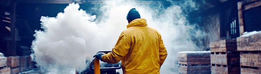 Fototapeta premium Worker Using Pallet Jack in Industrial Warehouse