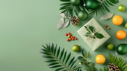 Holiday gift surrounded by festive greenery
