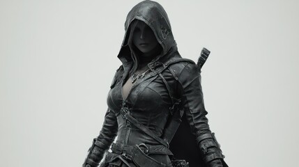 Fototapeta premium A mysterious woman assassin hero hood costume model in the standing background wallpaper AI generated image
