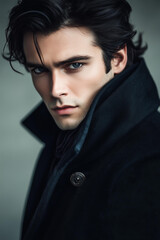 male attractive vampire , with dark hair and grey eyes, wearing an old black coat. He is looking at the camera, with a serious expression, handsome features, and an athletic body shape. 