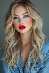 Fototapeta premium Blonde hair, blue eyes, red lipstick, denim shirt, a gorgeous woman posing for an Instagram photo. Her hair is styled in long, wavy waves with voluminous curls at the ends. She is wearing natural-look