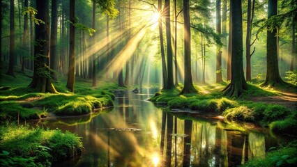 Obraz premium Sunlight shining through trees in deep forest