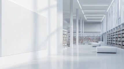 Obraz premium A large, empty library with white walls and white floors