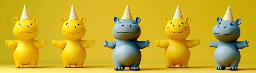 Naklejka premium Cute Baby Hippos in Party Hats