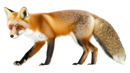 Fototapeta premium A detailed depiction of a red fox walking gracefully through its natural habitat in a clear setting, showcasing its distinctive fur and features.