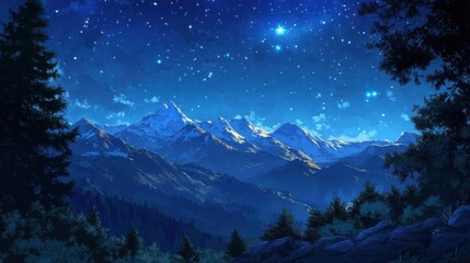 Starry sky over a mountain range, clear and crisp, deep blue tones, nature-focused, perfect for nighttime stock photography,