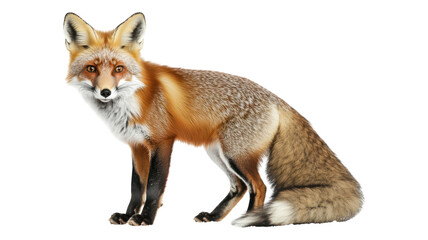 Obraz premium A carefully detailed red fox standing elegantly with a bushy tail and vibrant fur showcasing natural beauty on a transparent background.