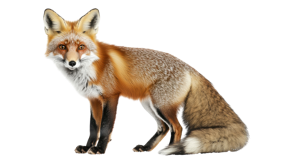 A carefully detailed red fox standing elegantly with a bushy tail and vibrant fur showcasing natural beauty on a transparent background.