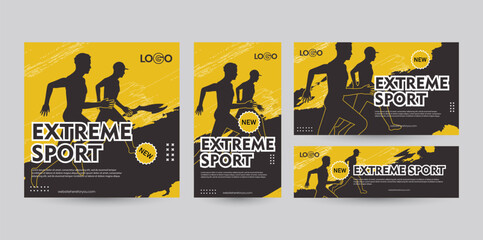 Set of social media template designs with various ratio orientations from portrait to landscape package. Black and yellow sporty banner design with a silhouette of people running for sport event.
