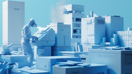 A 3D render of a technician using an air duster on a copier