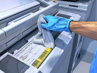 A 3D render of a technician using a cloth to clean a copier s exterior
