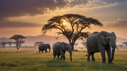 Fototapeta premium Two majestic elephants walking on the grasslands at dawn with mountains in the background, very serene.