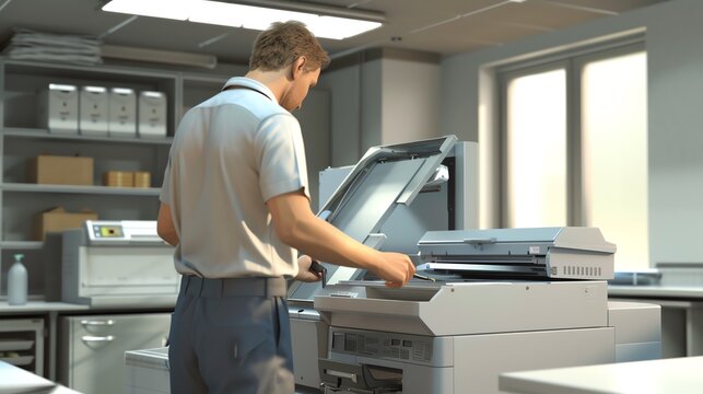 A 3D render of a technician using a blower to clean a copier s internals