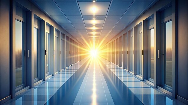 Sunlight streaming through a never-ending hallway with blurred foreground and background