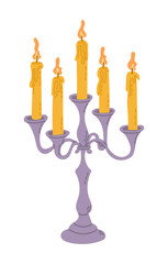 Ancient or mystical hand drawn candlestick with five candles. Cute design for Halloween isolated on white background. Vector sticker for Halloween