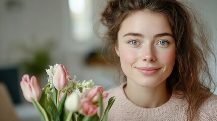 Naklejka premium Canadian woman smile holding bunch of tulips flowers, happy romantic