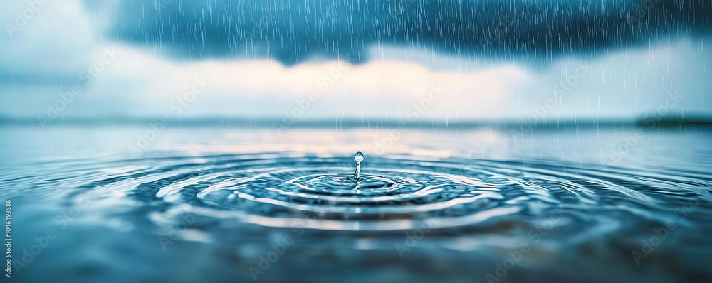 Poster raindrop causing ripples on water surface, serene natural scene with moody ambiance.