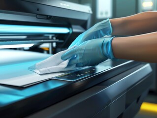 A 3D render of a technician using a microfiber cloth on a copier screen