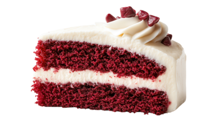 Delicious red velvet cake slice with cream cheese frosting and chocolate chips on top captured on a white background.