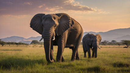 Obraz premium Two majestic elephants walking on the grasslands at dawn with mountains in the background, very serene.