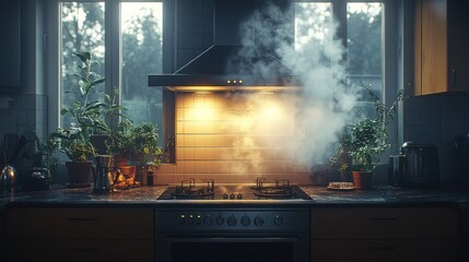 Cozy kitchen with steam and plants, creating a warm atmosphere.